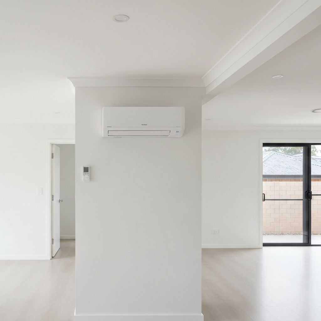 Split system air conditioning unit professionally installed on a white interior wall