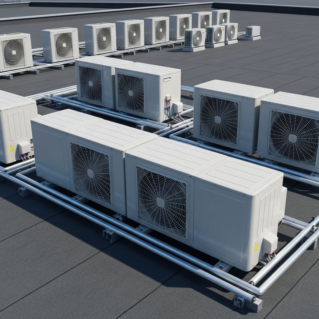 Commercial VRF outdoor condensing units installed on a rooftop